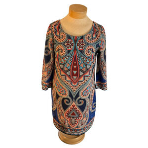 Boho Shift Dress Large Blue Geometric Bell Sleeve Cut Out Back Festival Aztec